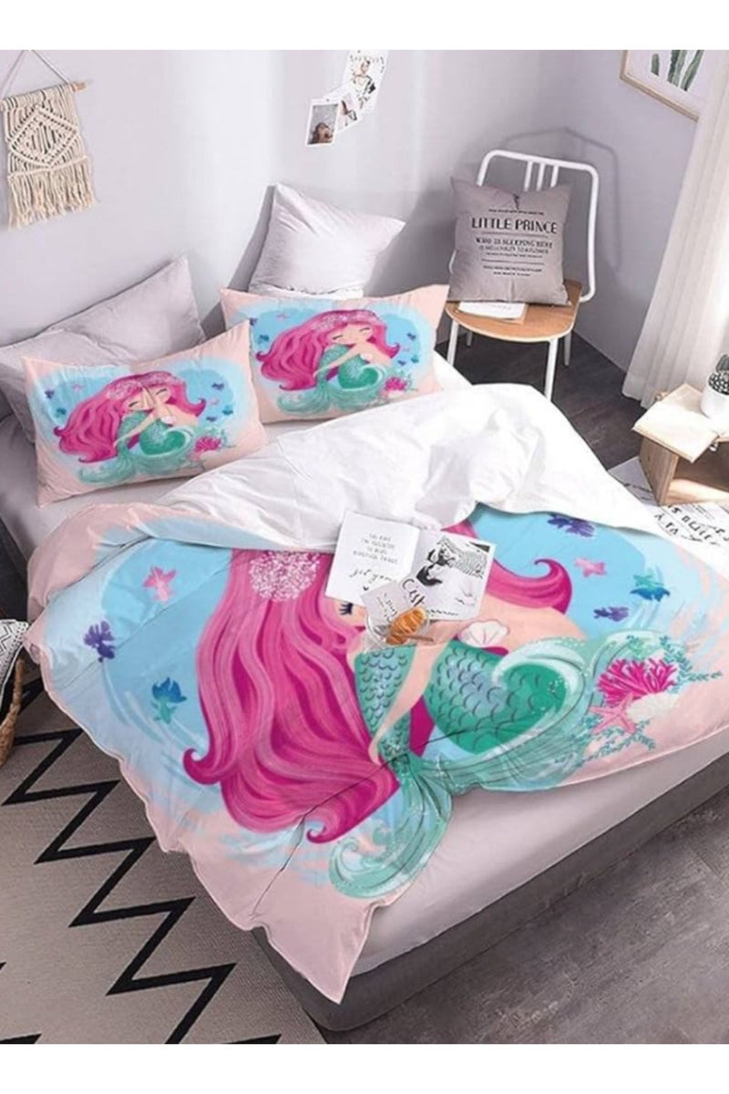 LUNA Home Single Size 4-Piece 1 duvet cover (160 x 210 cm), 1 fitted sheet (100 x 200 + 30 cm), and 2 pillow cases (50 x 75 cm) - Pink 3D mermaid design - Image 5
